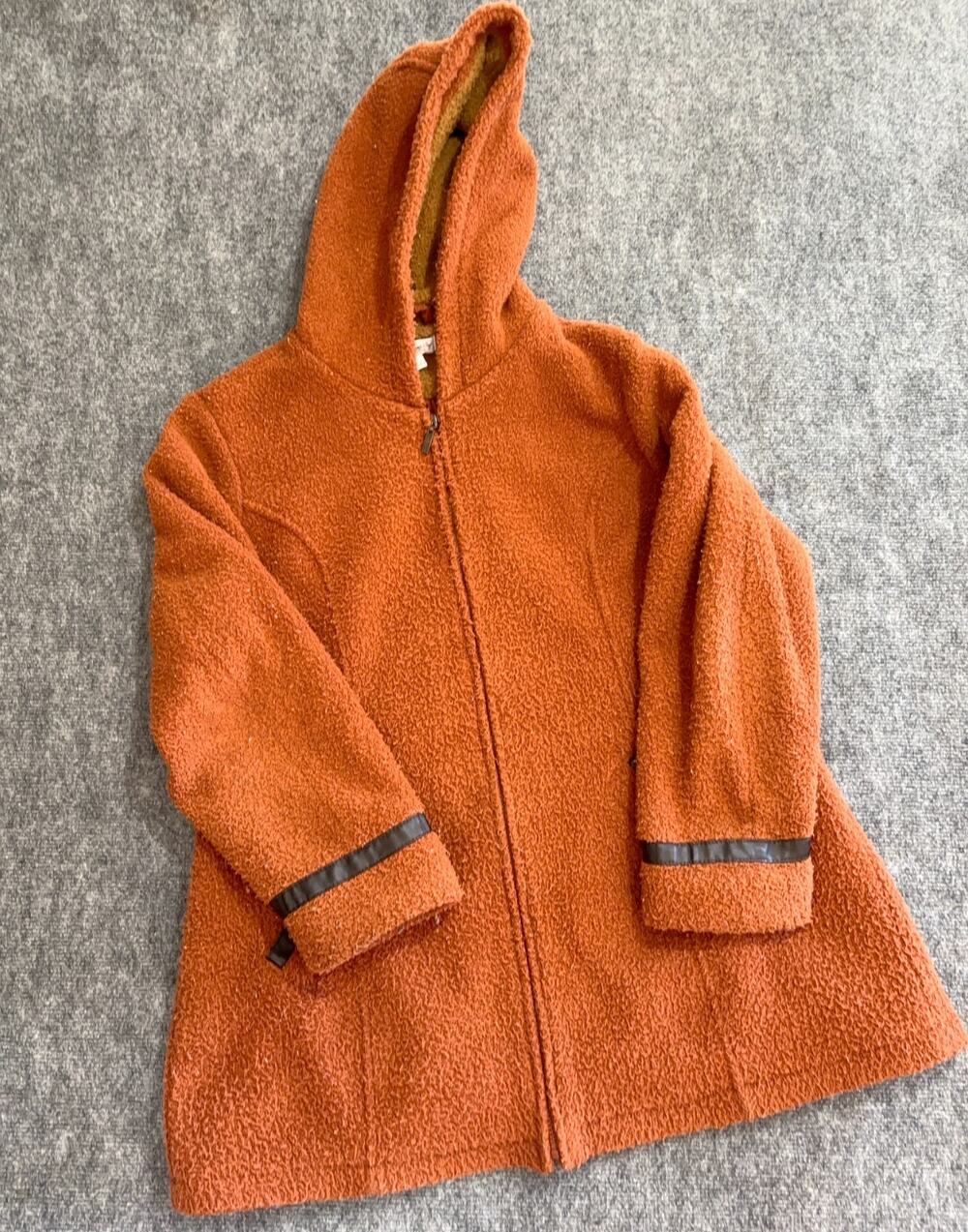Susan Graver Boucle Fleece Hooded Coat XL Pumpkin Orange Faux Leather Trim
